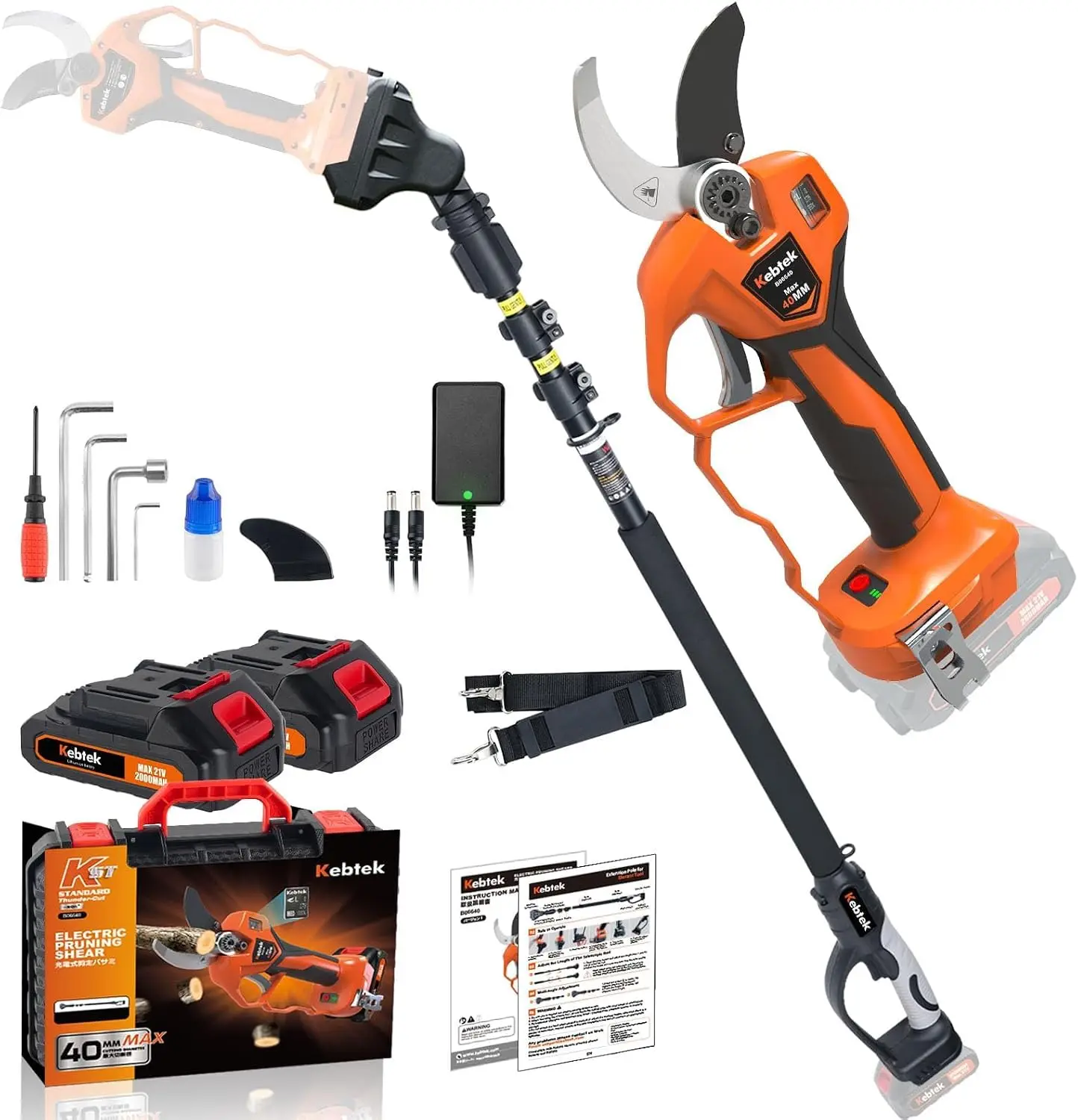 2-in-1 Electric Pruning Shears 21V 40mm with Extendable Pole KST 1.6Inch Cordless Pruner, Telescopic Pole 4.2-8.2 ft Extension