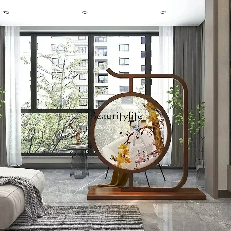 03.New Chinese Style Pure Solid Wood Seat Screen Entrance Partition Classical Style Elegant Double Sided Embroidery