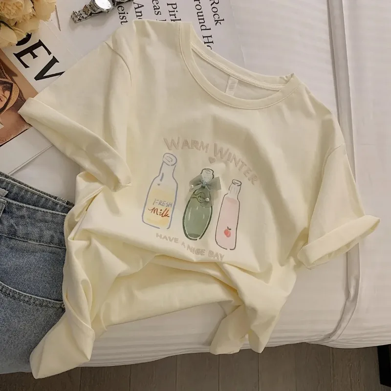 Women's Cute Bottle Print Oversized T-shirt Casual Loose Fit Short Sleeve Tee