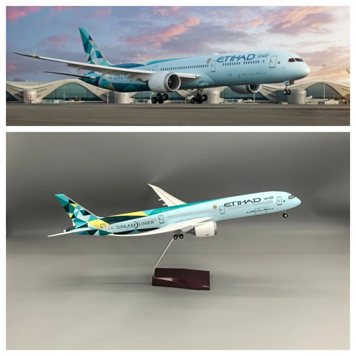

43cm Etihad Aircraft Model B787-10 Miniature Airplane 1/145 Scale airplanes decoration home With Wheels Voice-Control Lights