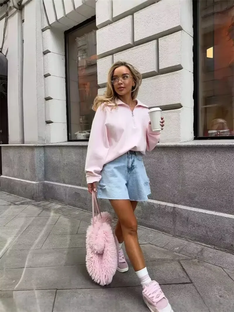 Fashion Women Pink Sweatshirt American Vintage  Pullover Top 2025 New Loose Half Zip Letter Embroidery Outwear
