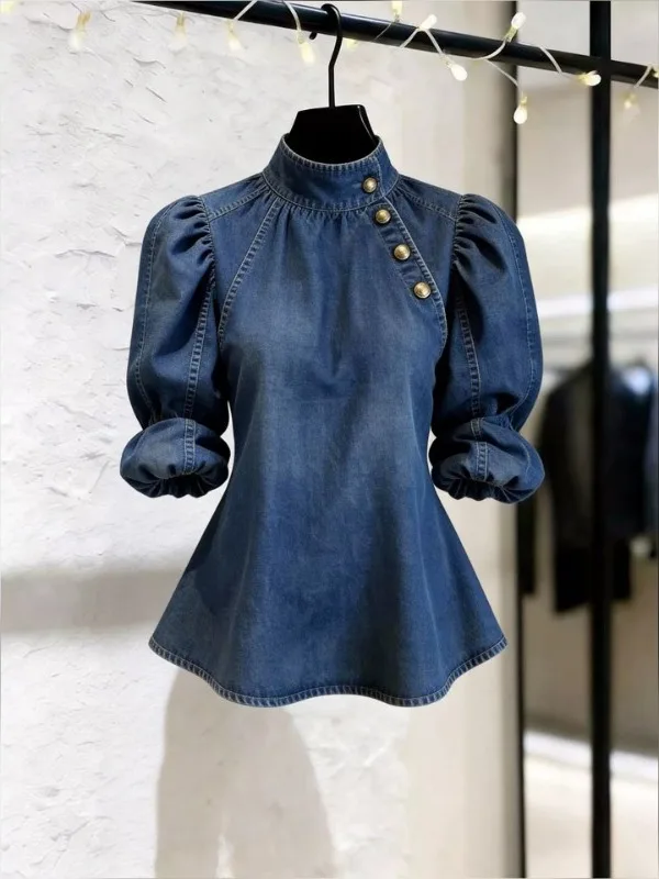 

Женская джинсовая рубашка больших размеров (до 300 фунтов) с рукавами-фонариками, воротником-стойкой, свободного кроя, с утяжкой на талии, стройнящая, повседневная, летняя, топ