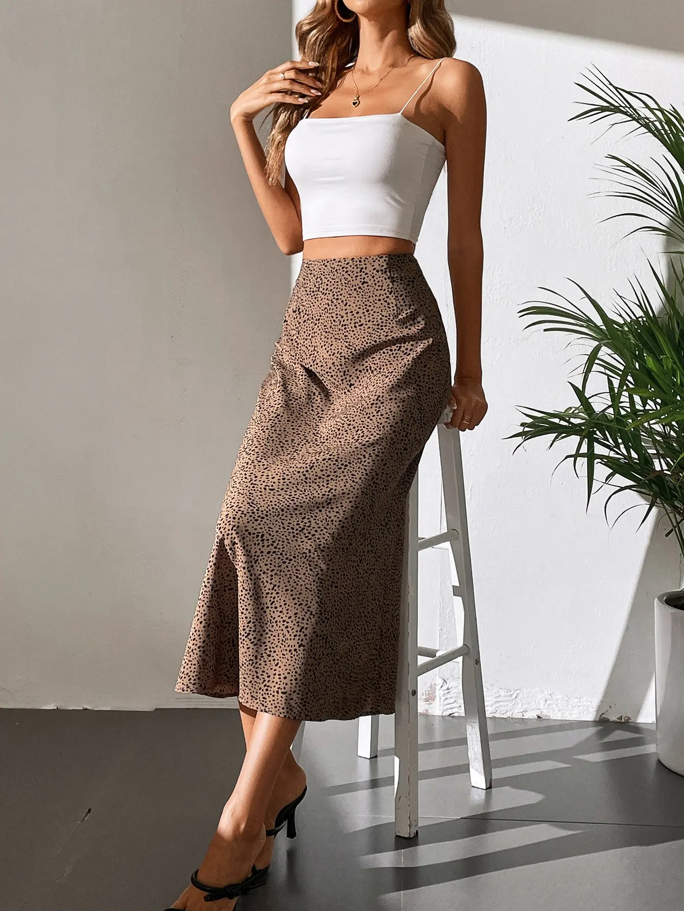 Début de l'automne nouveau Vintage Arty imprimé à pois léopard haute Fanny Pack hanche a-ligne jupe droite en mousseline de soie