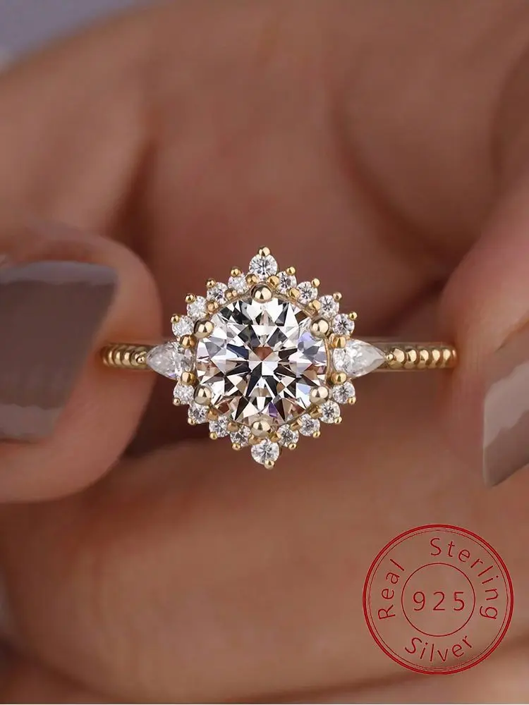 

925 Sterling Silver Luxry Golden Flower Shaped Zircon Ring For Women Engagement Wedding Fashion High Quality Fine Jewelry
