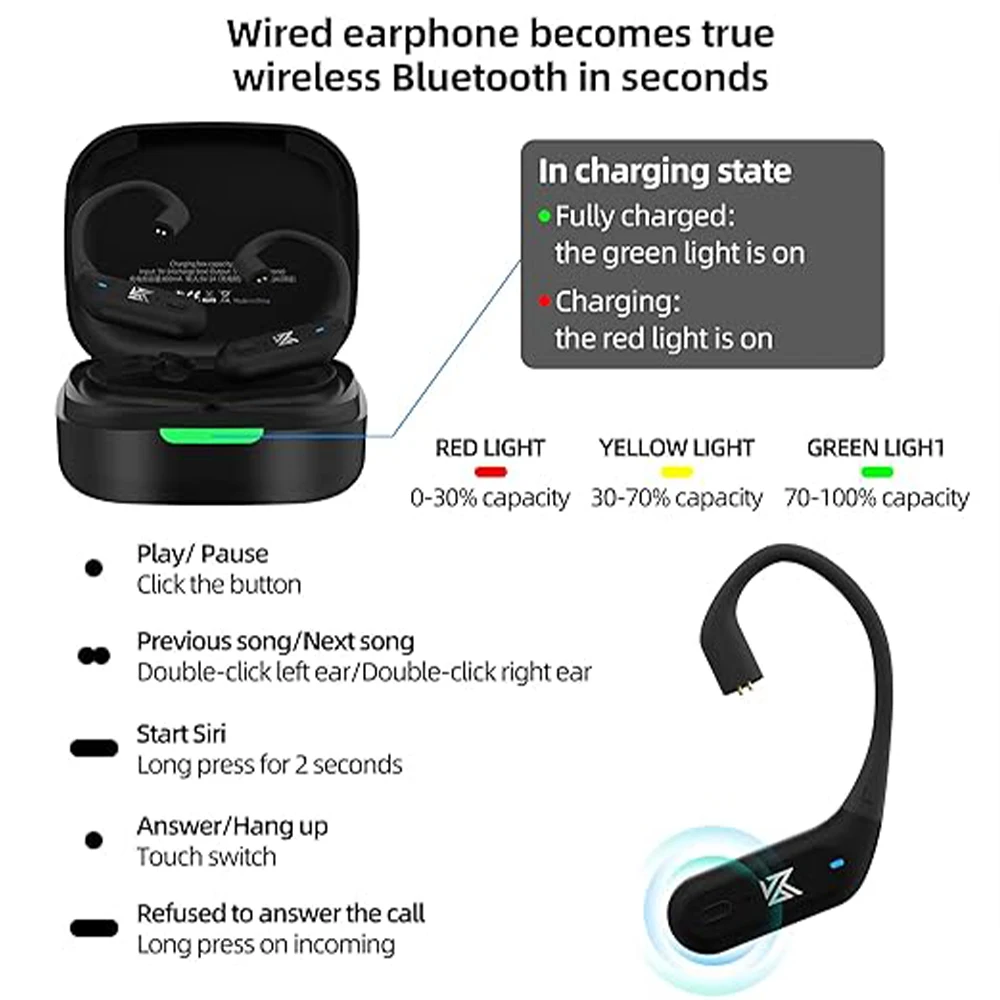 KZ AZ09 Pro Wireless Headphones Adapter Cable QCC3040 Bluetooth 5.2 Module Upgrade Cable Ear Hook C Pin With Charging Case