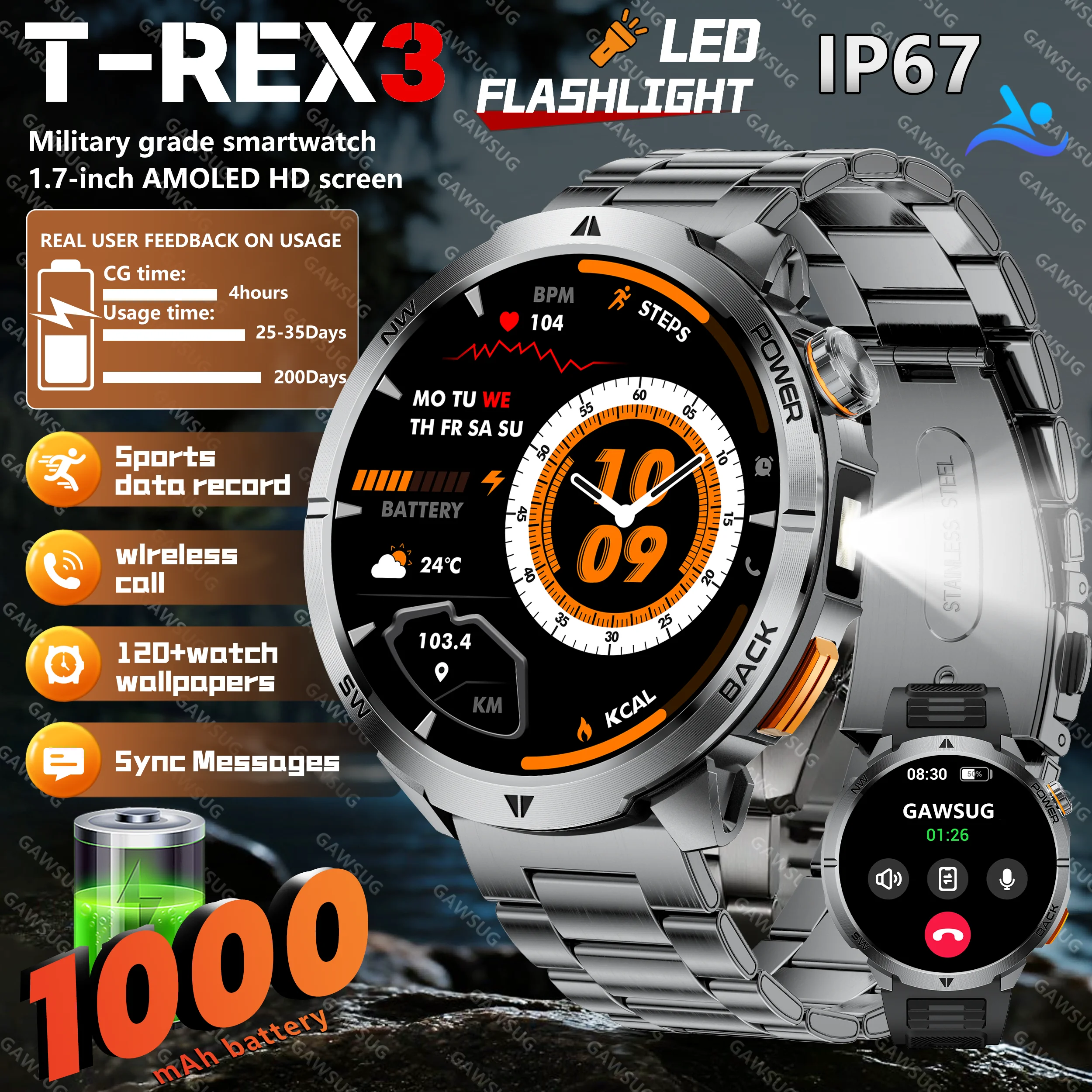 1000mAh Battery Military Smart Watch Men 1.7" Compass Tactical Flashlight Rugged Smartwatch IP68 Waterproof Fitness Tracker
