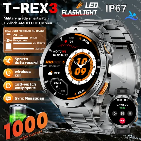 1000mAh Battery Military Smart Watch Men 1.7" Compass Tactical Flashlight Rugged Smartwatch IP68 Waterproof Fitness Tracker