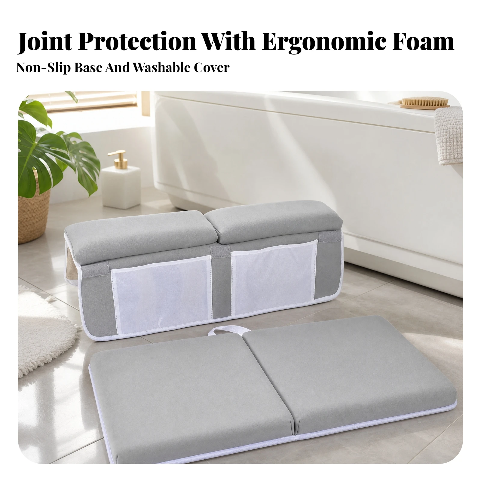 Bath Kneeler and Elbow Rest Pad Set Machine Washable Bath Kneeler Set with Storage Pockets for Parents, Baby Bathing