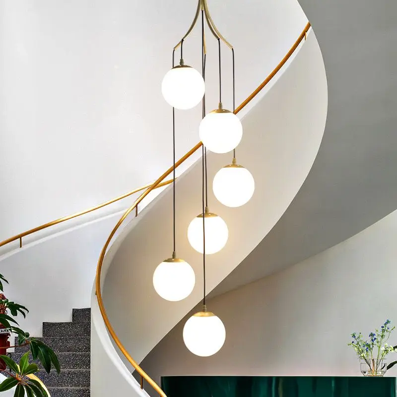 Imagem -05 - Nordic Stairwell Candelabro Lâmpadas Teto Longo Pendurado Luz Leitoso Branco Vidro Bola Sconces Restaurante Escadaria Villa Loft E27