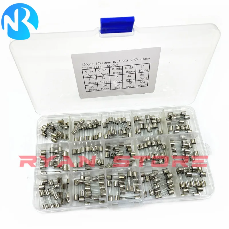 150pcs 5*20 Fast-Blow Glass Tube Fuses 0.1A  Car Glass Tube Fuse Assorted Kit 5X20 With Box fusiveis 0.1A-20A Household Fuses