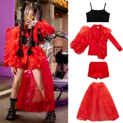 Children'S Street Dancewear Kids Hip Hop Clothing Red Coat Yarn Skirt For Girls Jazz Dance Costume Stage Catwalk Outfit XS5968