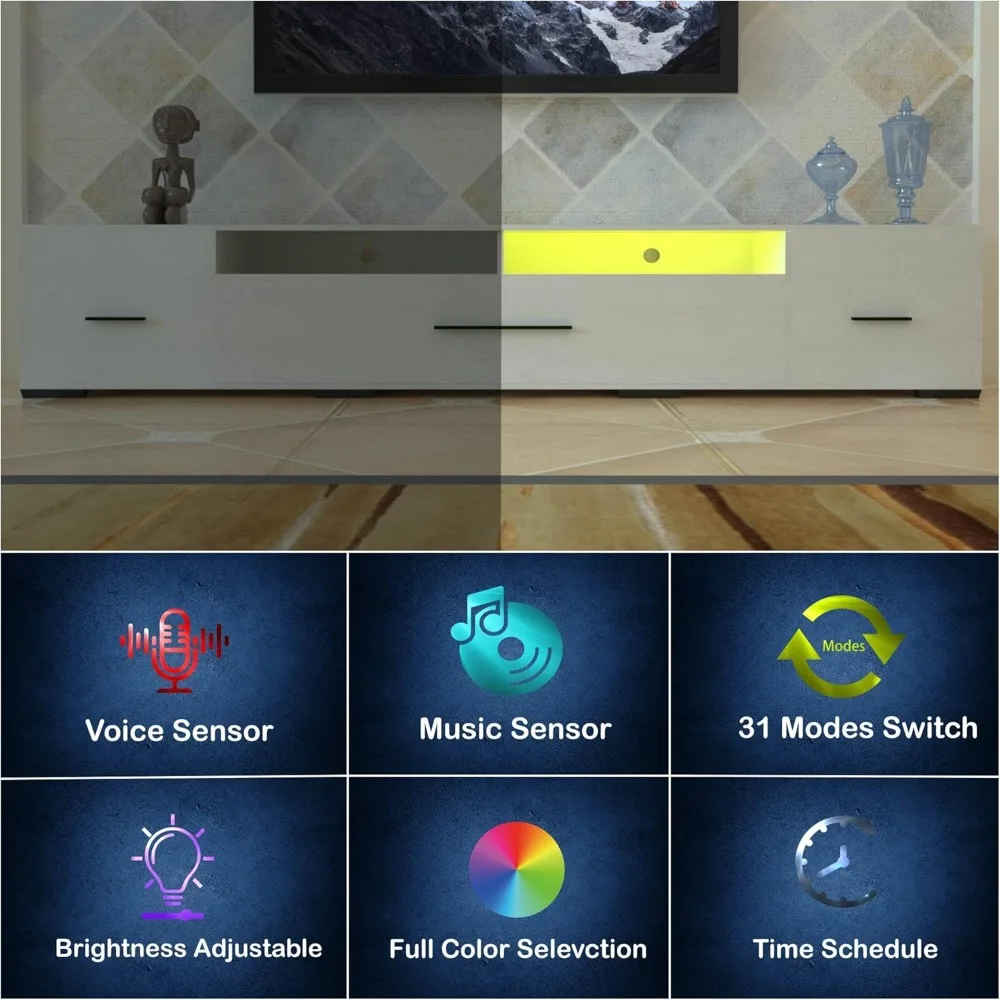 Suporte de TV LED para TV de 55 65 75 85 polegadas, centro de entretenimento simétrico montado com tomada de energia, console de TV de 60 70 80 polegadas TV Ta