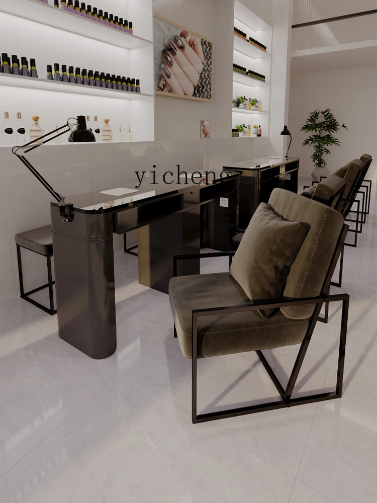 XL Tempered Glass Nail Table and Chair Suit Assemblage Zone Vacuum Cleaner Black Manicure Table