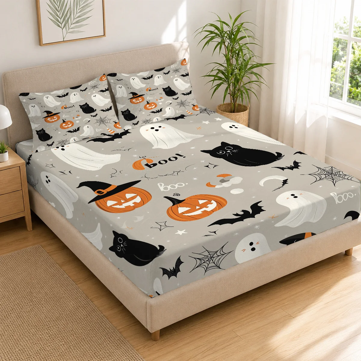 Halloween Pumpkin, Black Cat, Bat, Spider Web Printed Fitted Sheet, Mattress Protector, Breathable Polyester Material (Includes 1 Fitted Sheet + 2 Pillowcases), Fitted Elastic Mattress Protector, Fitted Sheet Style, Protective Cover, Mattress Protector, Fitted Sheet Bedding, Christmas Themed Bedding, Baby Bedding, Suitable for Nursery