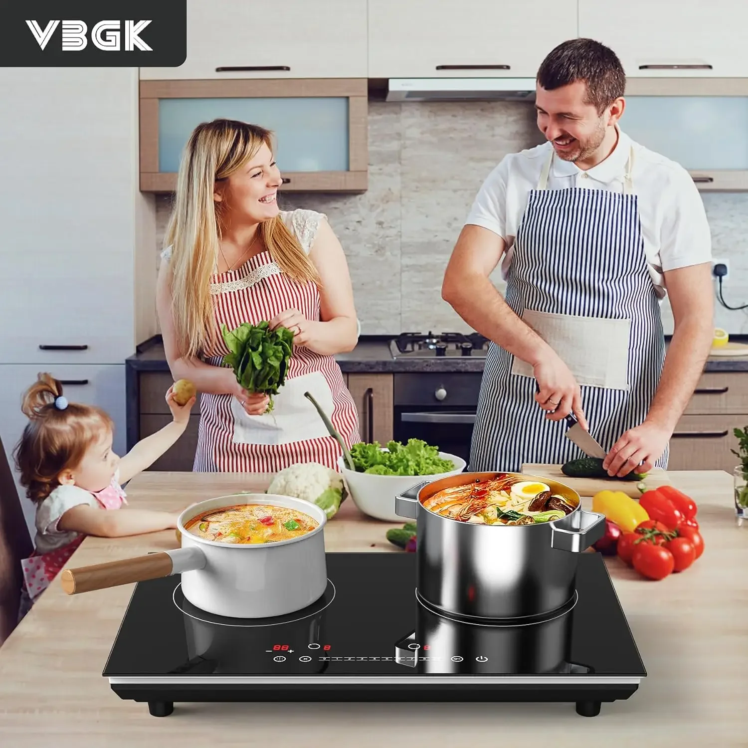 Double Induction Cooktop, 24 inch 4000W Induction stove top with hot plate,Electric cooktop with LCD Touch Screen 9 Levels Setti