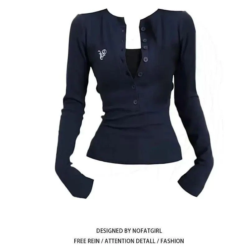 Women's T-Shirt American Style Sweet Spicy Girl Half Open Collar Base Spring Autumn Inner Wear Casual Slim Long Sleeve Shirt Top
