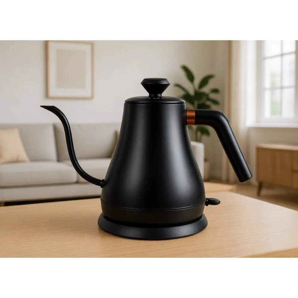 

Электрический чайник с изогнутым носиком из нержавеющей стали, быстрый нагрев, автоматическое отключение, 27 унций, 1000 Вт, матовый черный