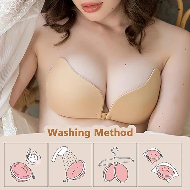Dimmkof 여성용 전면 걸쇠 접착 브래지어, 누드 느낌 재사용 가능, 끈이 없는 끈이 없는 푸시 업 실리콘 브래지어, 백리스 원피스