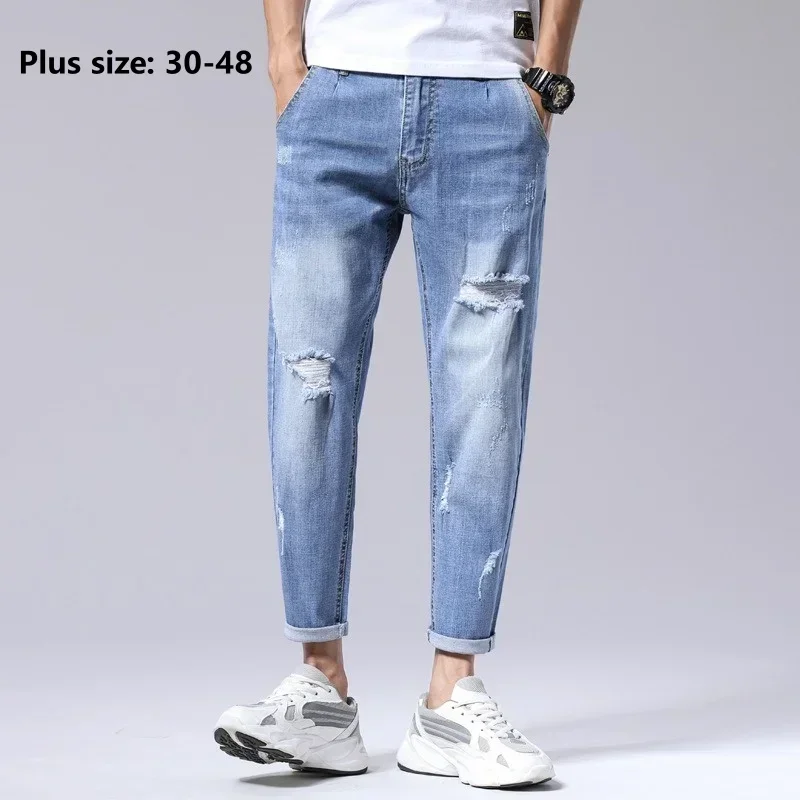 Calça jeans rasgada azul clara até o tornozelo masculino, calça jeans casual com furo, calça masculina de hip-hop arranhada, plus size 44, 46, 48