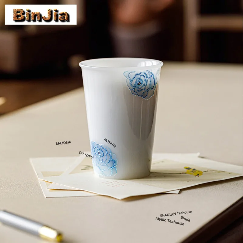 

250ml Ice Jade Porcelain Hand-painted Blue Rose Cola Mug Bubble Teacup Cold Hot Water Jug Office Water Cup Tea Services Craft