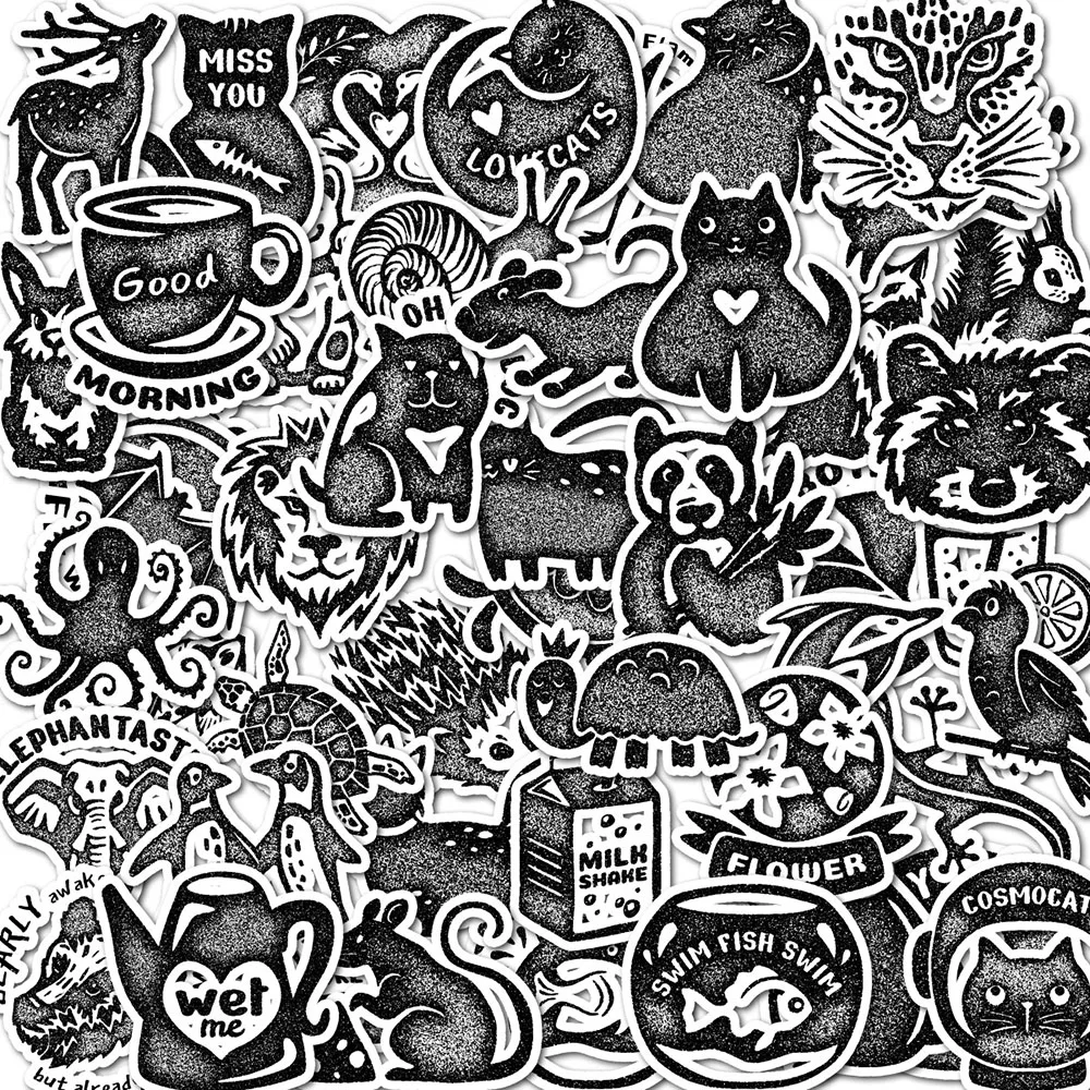 Black White Sketch Animal Stickers Waterproof Vinyl Decals For Laptop Water Bottle Phone Case DIY Decor