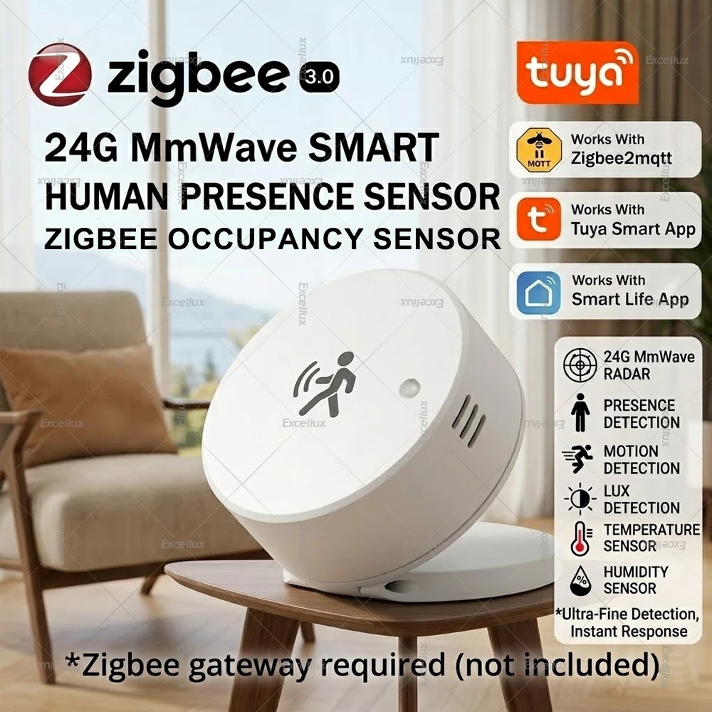 Capteur de présence humaine radar Zigbee 24G mmWave, détection de mouvement et statique, température, humidité, pour Tuya Z2M, alarme de sécurité pour maison intelligente
