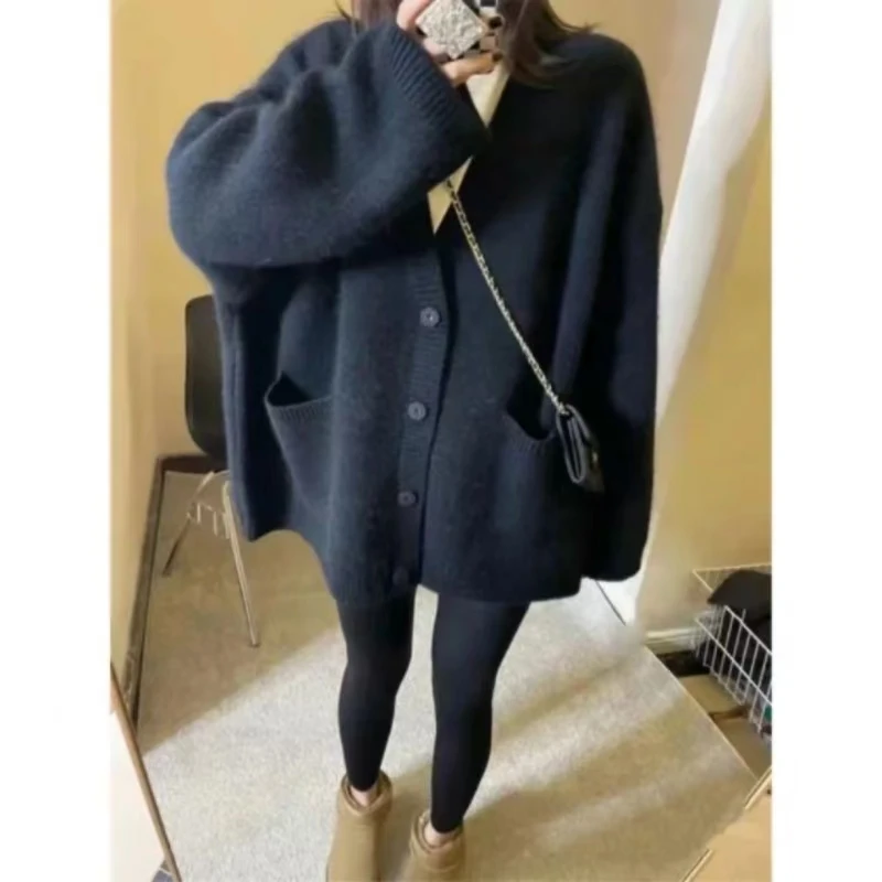 

KNOW DREAM New vintage knit solid color cardigan autumn and winter lazy sweater coat loose outside to wear all the tops