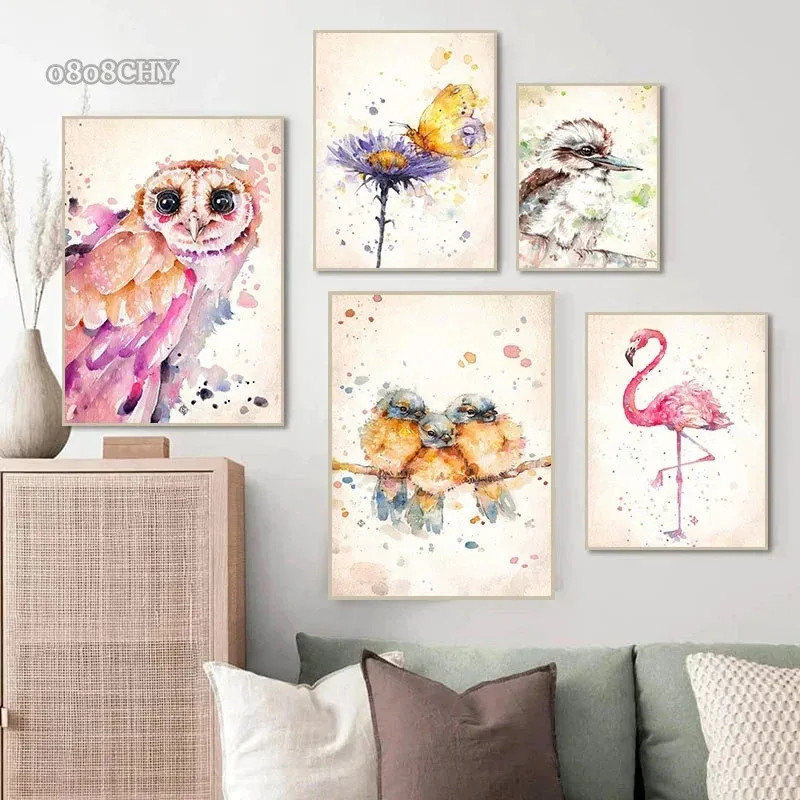 Watercolor Abstact Birds Flamingo Wall Arts Posters Canvas Painting for Room Office School Decoration Stuff Home Decor