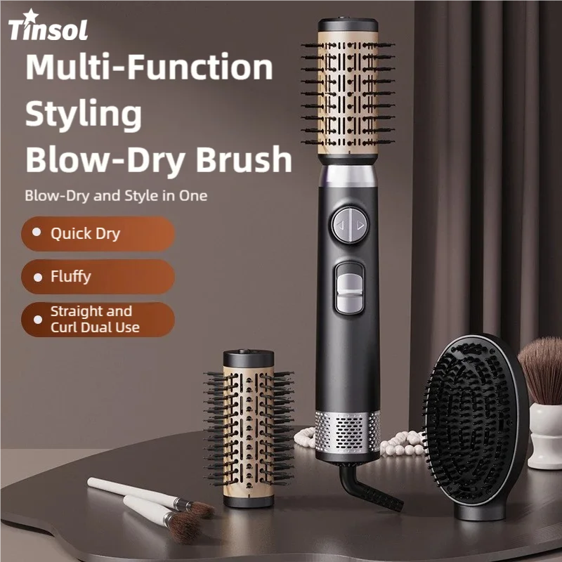 TINSOL Multi-Function Hot Air Curling Brush 3-in-1 Hair Styling Brush Electric Blow Dryer Brush for Curling and Straightening