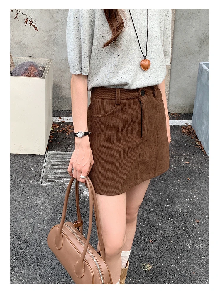 Hochtaillierter Schlankmachender Damenrock Herbst Winter Cord Baggy A-Linien-Minirock Koreanischer Stil Vielseitiger Vintage-Kurzrock 2026 – Detail 7