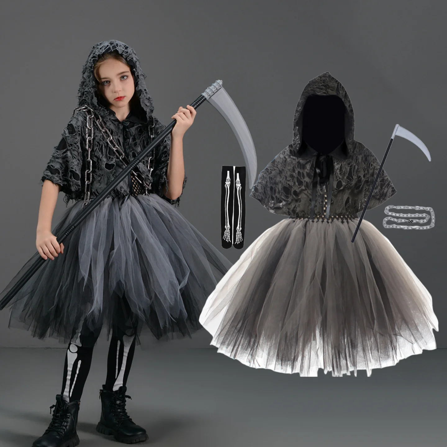 

Хэллоуин Костюм Смерти с Толстовками Девушки Злая Ролевая Тюлевая Пачка Девушки Карнавальная Вечеринка Необычная Одежда с Серповой Цепочкой