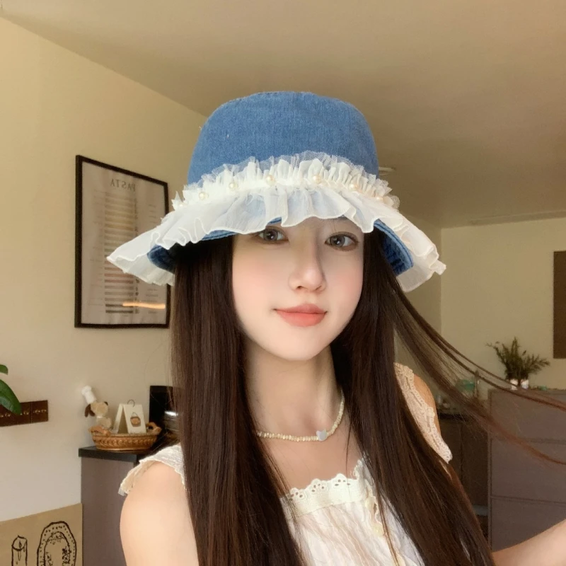1pc Lace Ruffle Denim Bucket Hat for Women Korean Pearl Decoration Wide Brim Fisherman Cap Outdoor Sunshade Summer Panama Hats