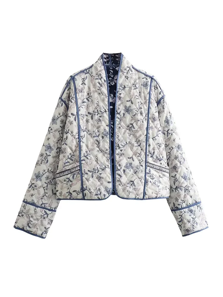 2024 New Autumn Women Elegant Flower Print Cropped Cotton Coat  Quilted Reversible Long Sleeve Jacket Cardigan Streetwear