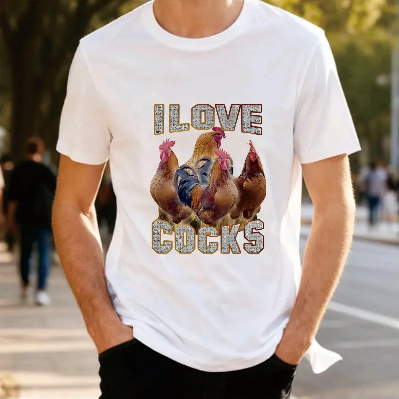 I LOVE COCKS Rooster Retro Printed Short Sleeve T-shirt American Farm Fun Pattern Men's and Women's Loose Round Neck Top