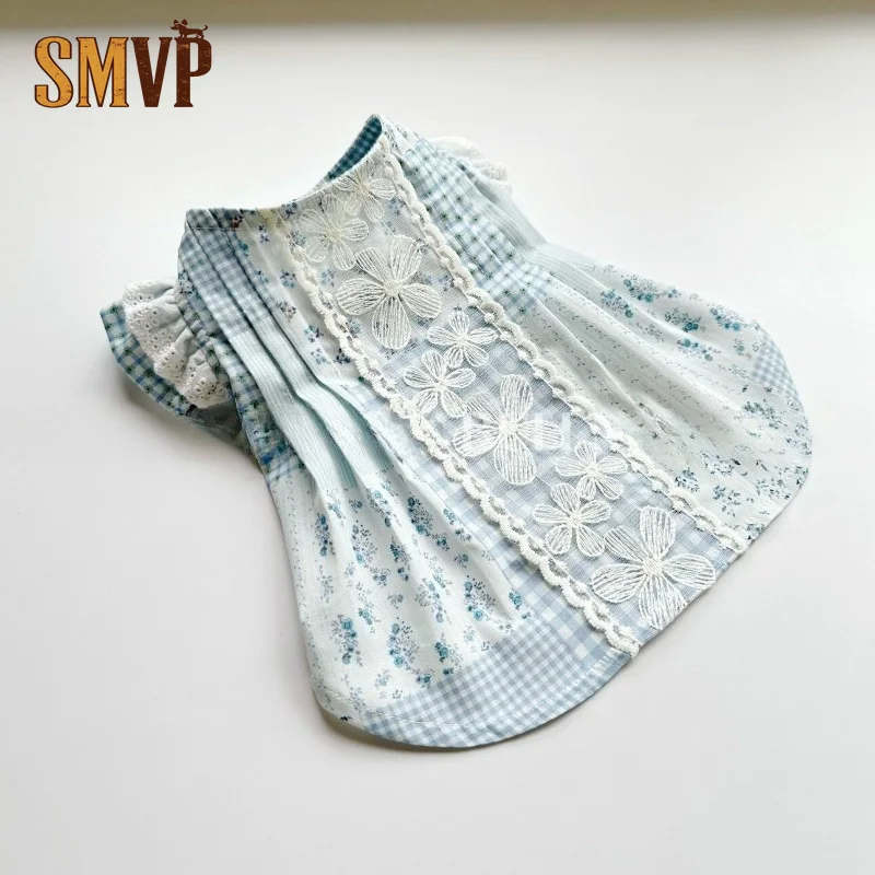 Rural Floral Splicing Pet Dress Embossed Flower Lace Panel Puff Fly Sleeve Plaid Patchwork Cute Princess Outfit for Small Pets