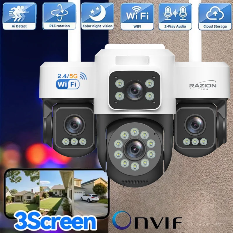 Telecamera di sicurezza da 15 MP, modello RZ380, con 3 schermi HD, sistema di tracciamento automatico, connettività Wi-Fi 2,4 GHz e 5 GHz, telecamera IP wireless per esterni, visione notturna a