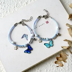 Trendy Couple Blue Butterfly Bracelet for Women Niche Chic Braided Bell Pendant Adjustable Bracelet Simple Couple Jewelry Gifts