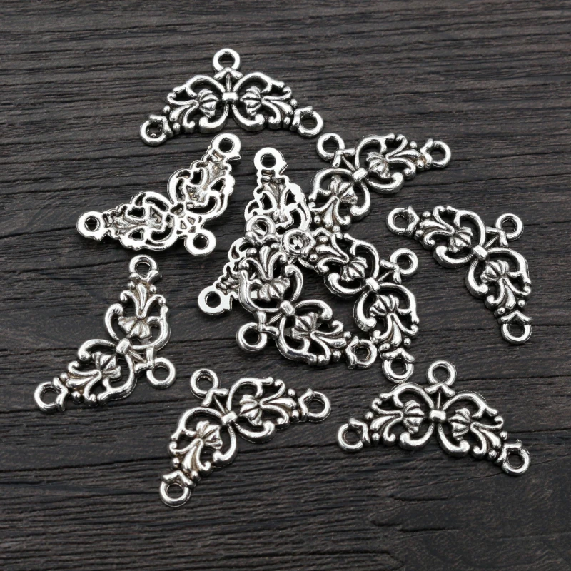 30pcs 14x26mm Antique Silver Plated Bronze Flower Style Connector Charm Pendant DIY Jewelry Supplies for Bracelet Necklace