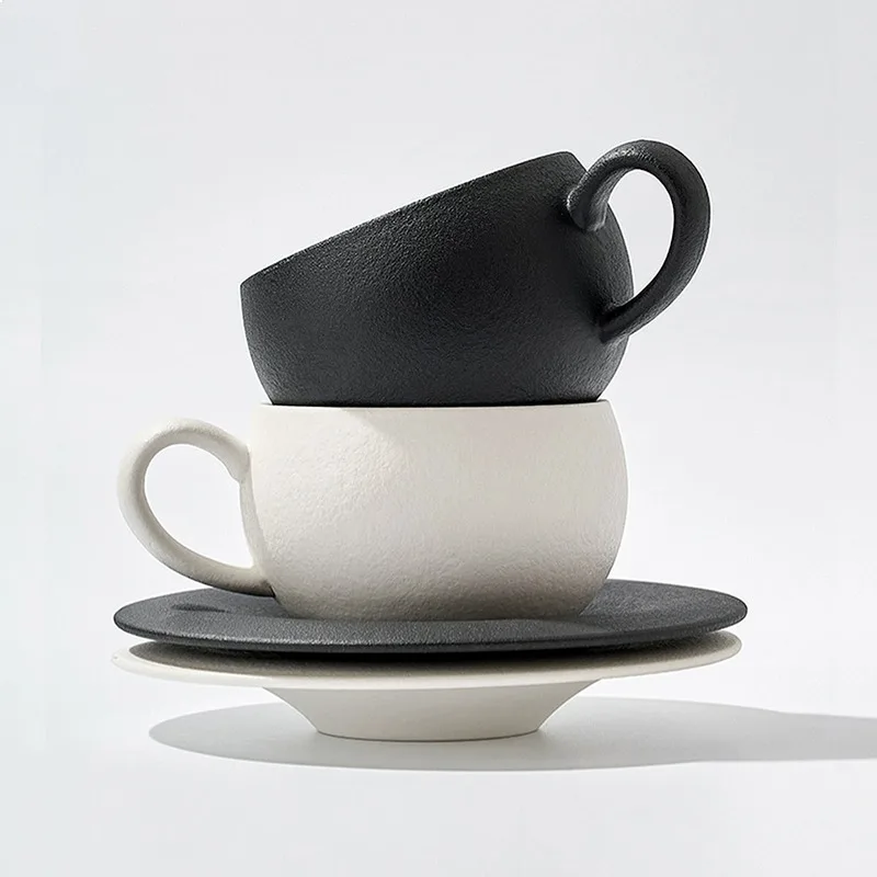 Burnt Stone Texture Matte Ceramic Coffee Cup Saucer Set Premium Exquisite Unique Design Latte Art Cup High Appearance Mug Gift