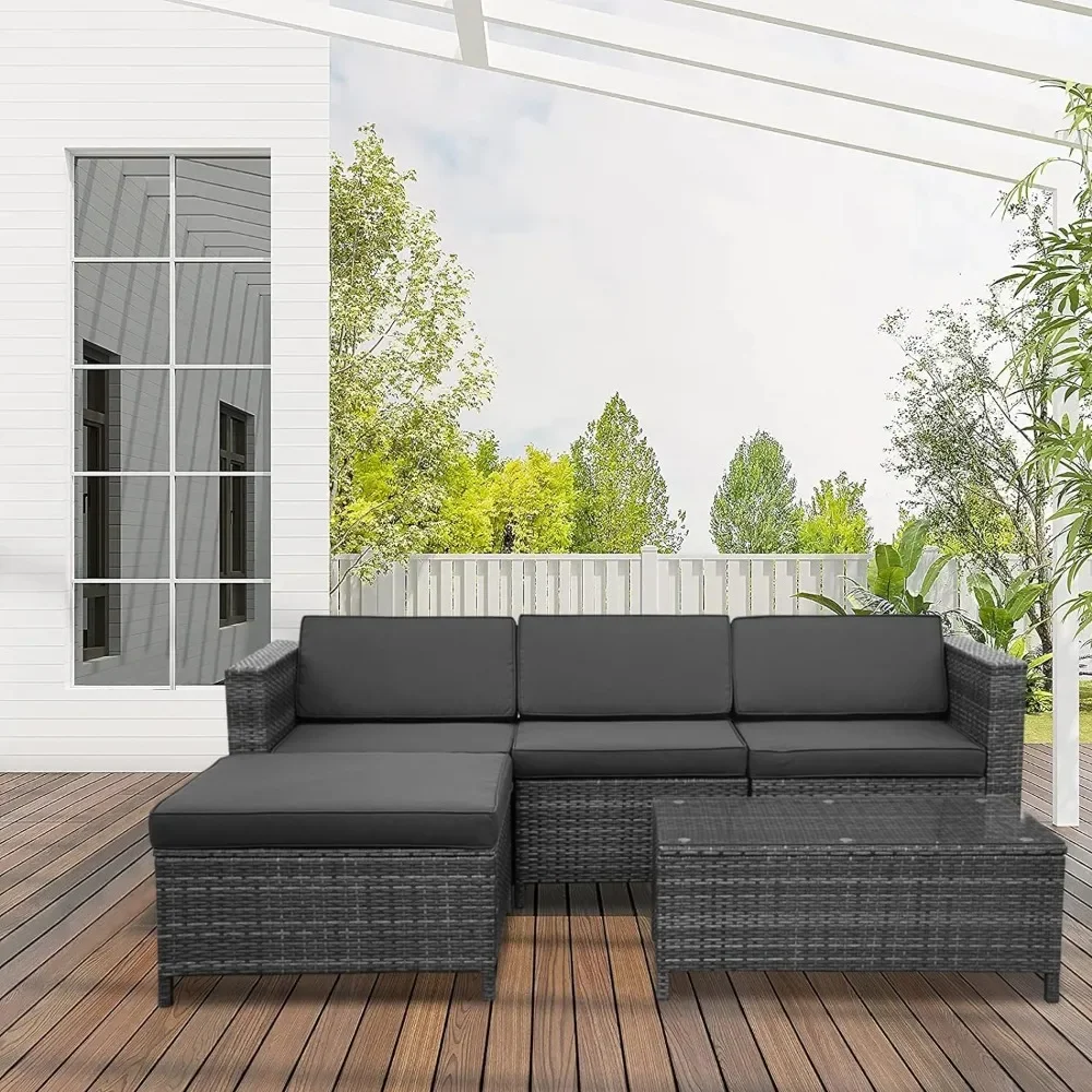 

5 Piece Outdoor Patio Sectional Furniture Set, Weather Resistant Rattan Outside Couch, Waterproof Conversation Sofa for Balcony