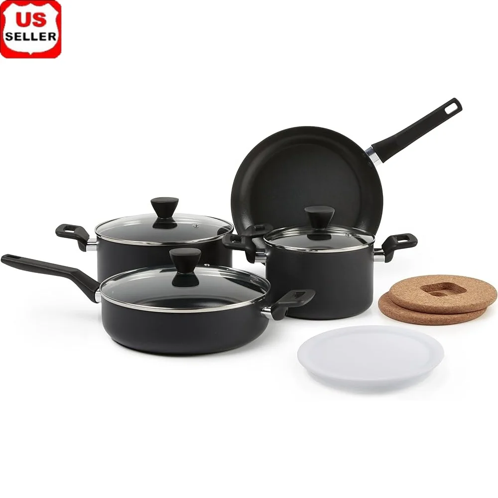 

10-Piece Non-Stick Cookware Set Pots Pans Space Saving Stackable Cookware Hard Anodized Dishwasher Safe Heat Resistant Vented