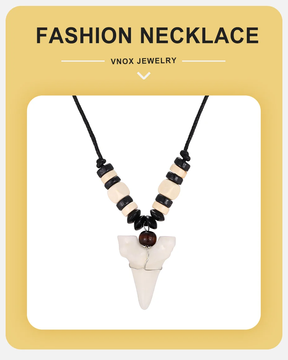 Vnox Haifischzahn-Anhänger Halskette für Männer, Verstellbares Wachsseil Holzperlen Choker Vintage Surfer Tribal Beach Boho Halsschmuck – Detail 1