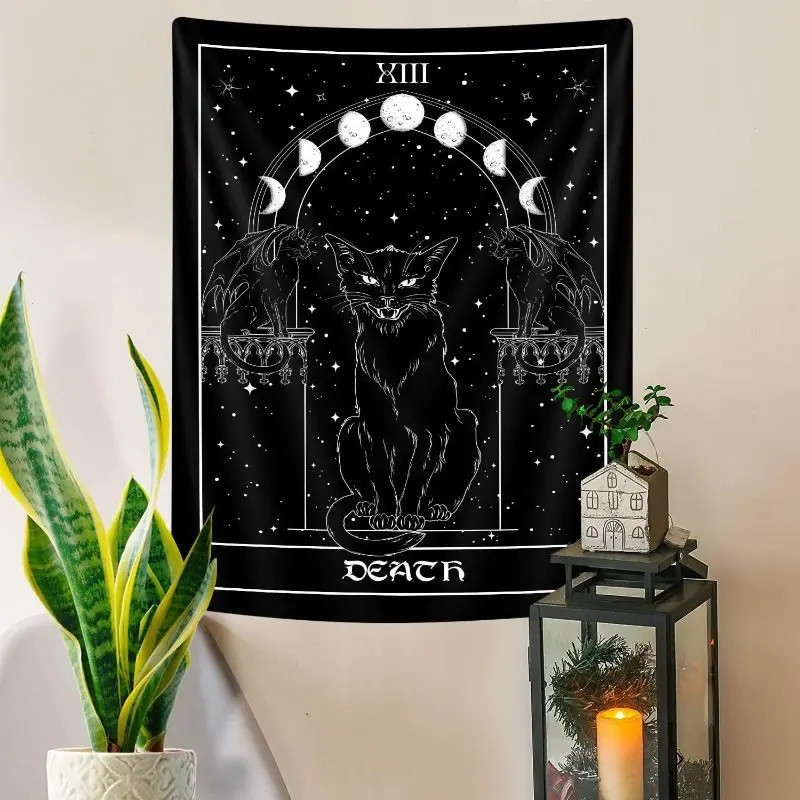 VIKAMA Gothic Tarot Death Black Cat Tapestry Wall Hanging Moon Phases Stars Witchy Occult Aesthetic Wall Art Bedroom Dorm Decor