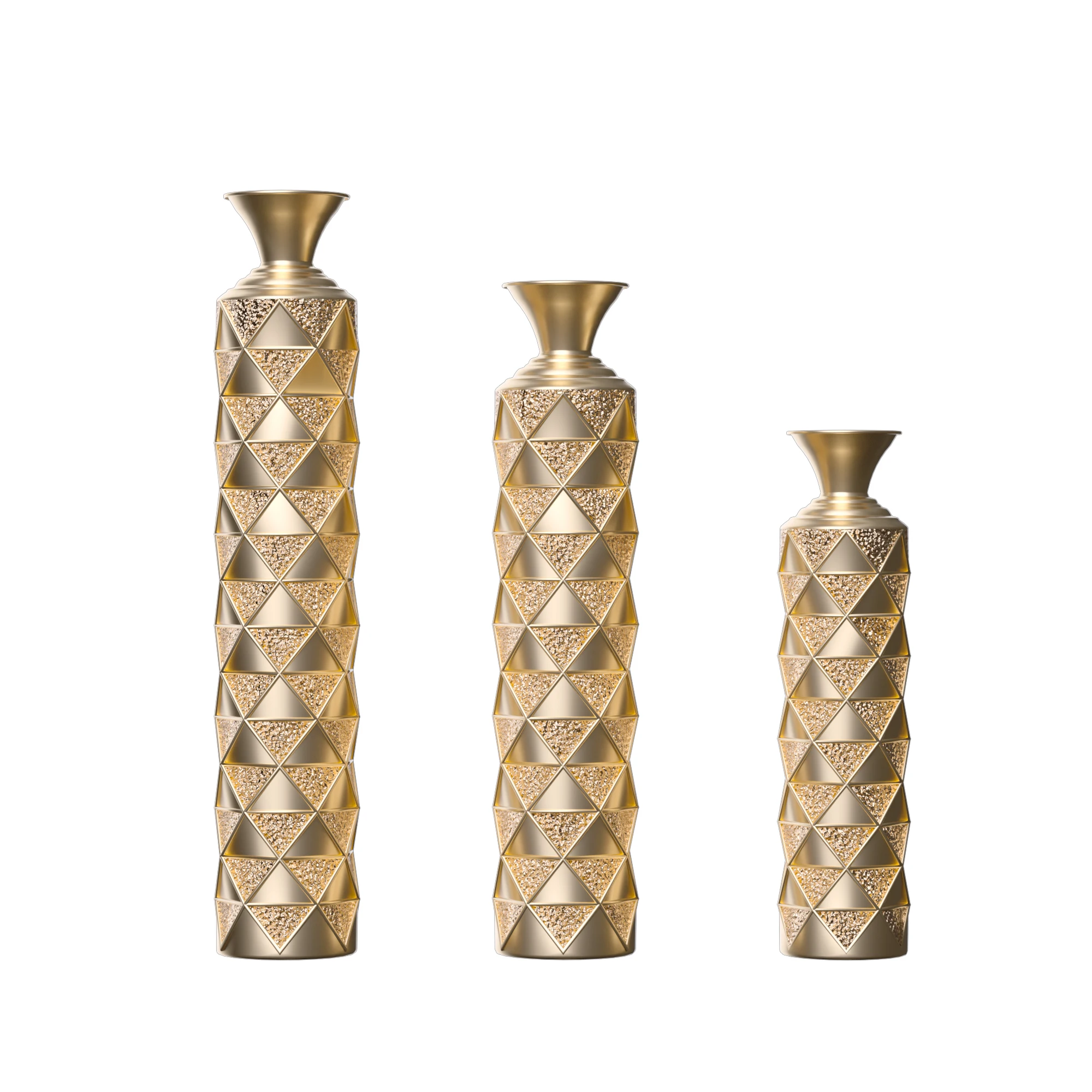 Semi-Handmade Metal Floor Vase Set of 3, Gold-Plated Geometric Diamond Pattern Vases, 33.5/29.5/25.2 Inch Large Decorative Vases