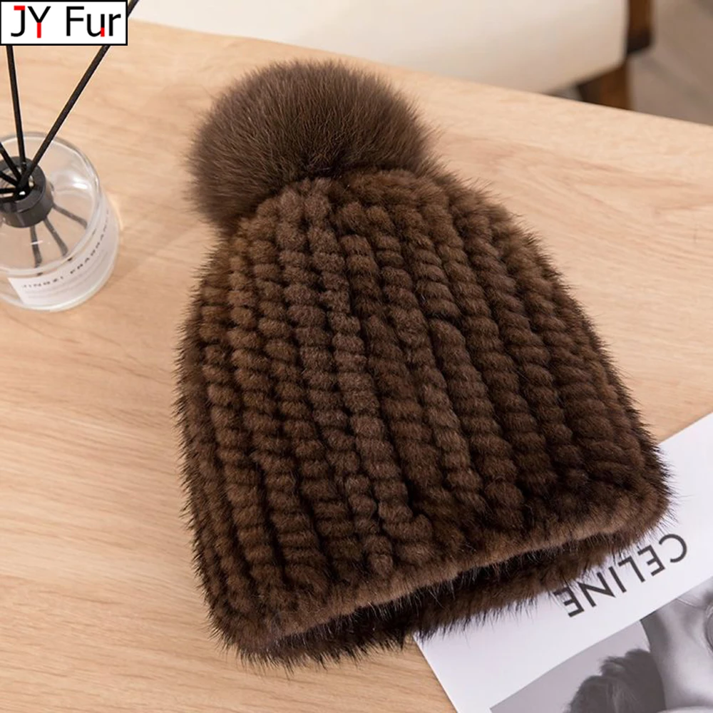 

Winter Women's Natural Mink Fur Hat Hand-Knitted Warm 100% Genuine Mink Fur Cap with Fox Fur Pompom for Russian Ladies