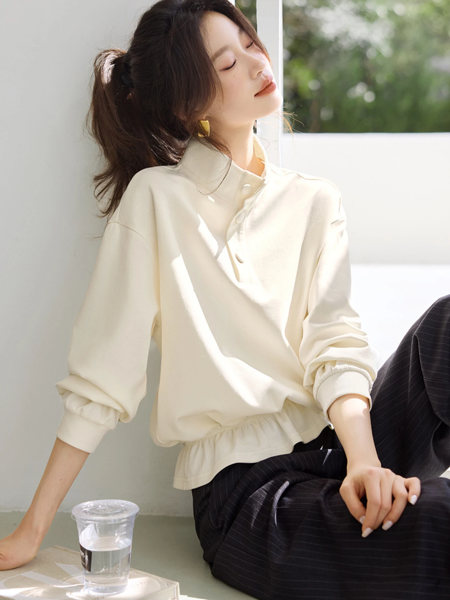 

Faionable Long Sve свитшот, женский свободный крой, топ с застежкой на талии, корейский осенний дизайн, универсальная повседневная одежда