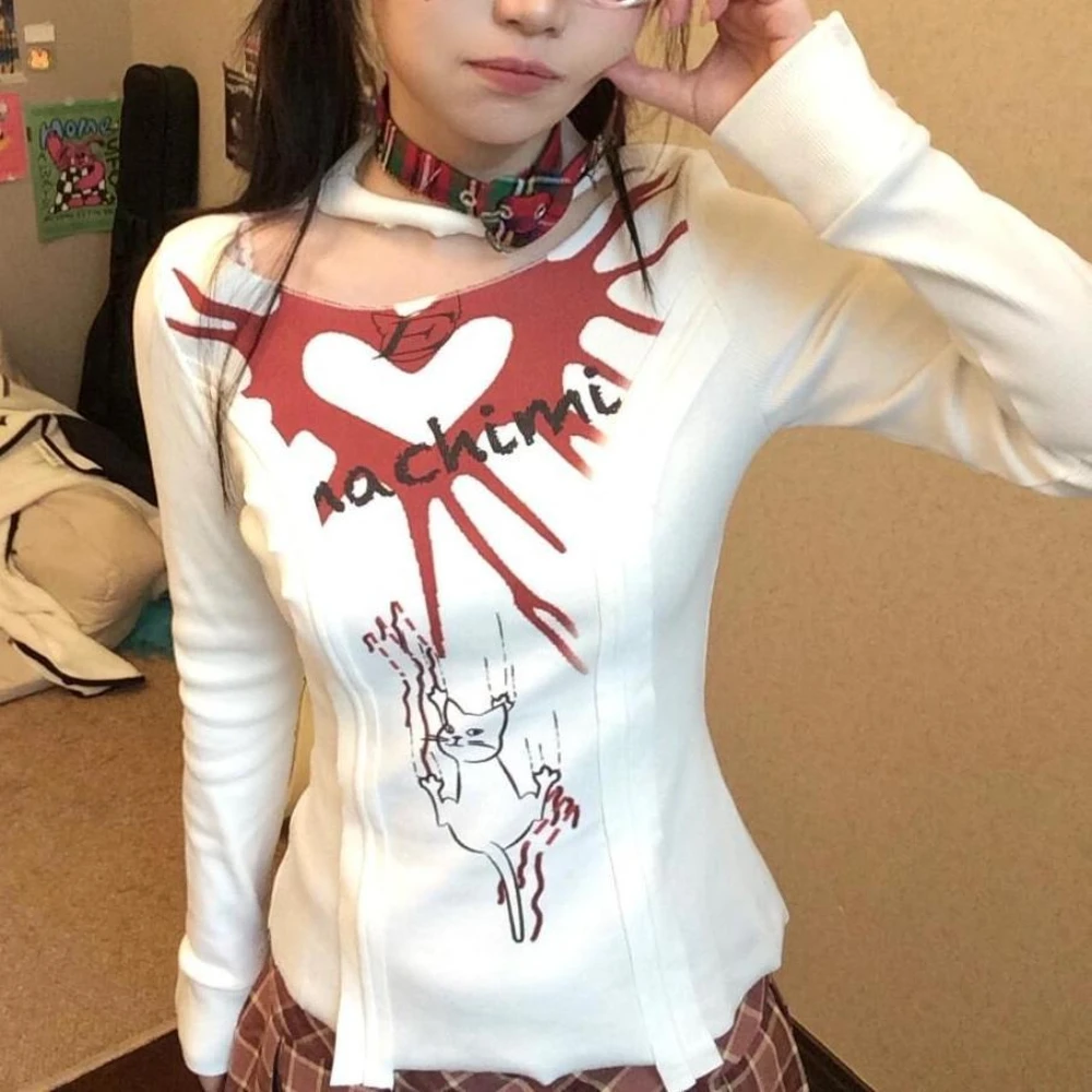 Y2k خمر تي شيرتات طويلة الأكمام متماسكة عادية الحلو المرأة الجوف خارج المرقعة ثقافة فرعية الرجعية الكرتون طباعة 2025 الخريف #2