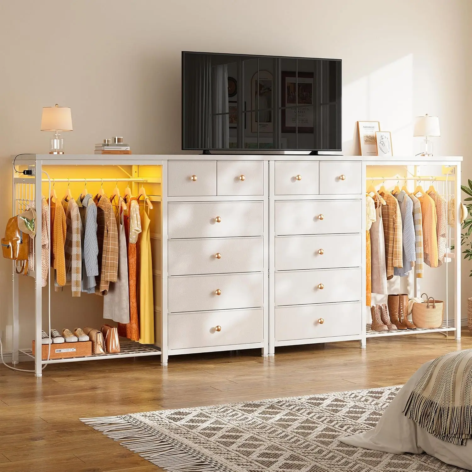49.2" W White Dresser for Bedroom with Hanging Rack, 6 Drawers Dresser with LED Lights & Charging Station, Fabric Dressers image 6
