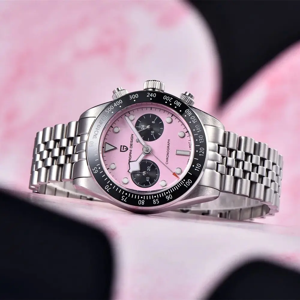 PAGANI DESIGN Men Watches 2026 New Pink BB Panda Dial Chronograph Fashion Luxury Quartz Watch For Men VK64 Movt Waterproof Watch