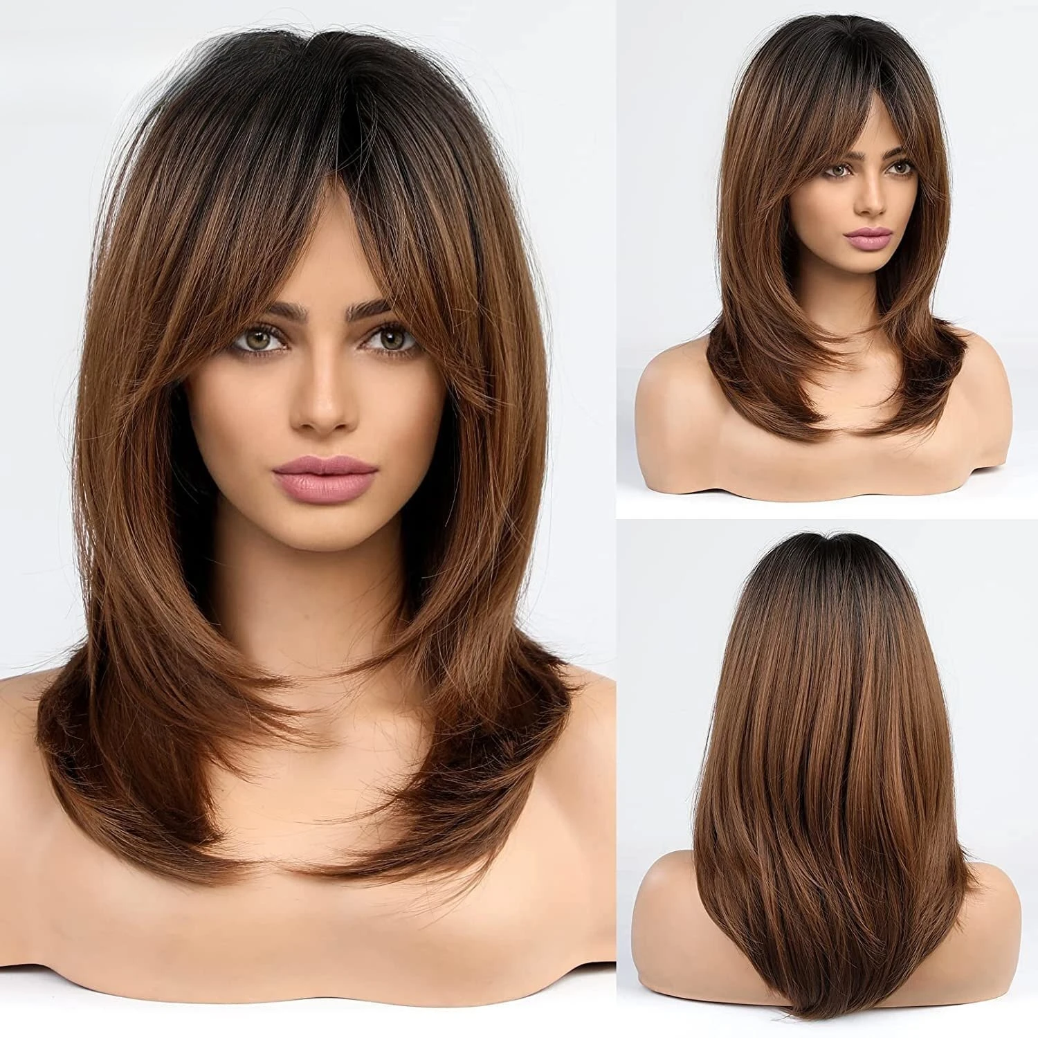 

Long Natural Layered Wave Dark Brown Hair wigs with bangs Synthetic Daily Use